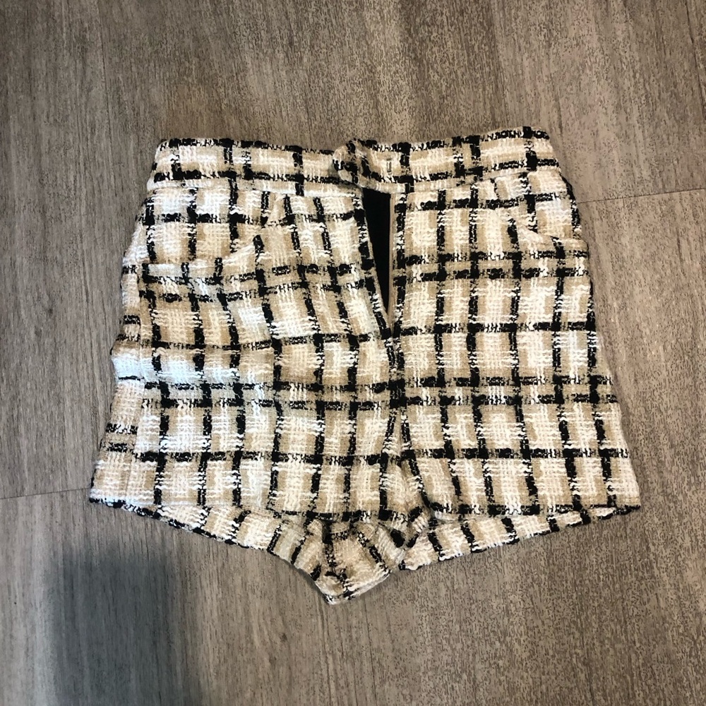 ZARA TEXTURED WEAVE PLAID SHORTS TAUPE BROWN new XS